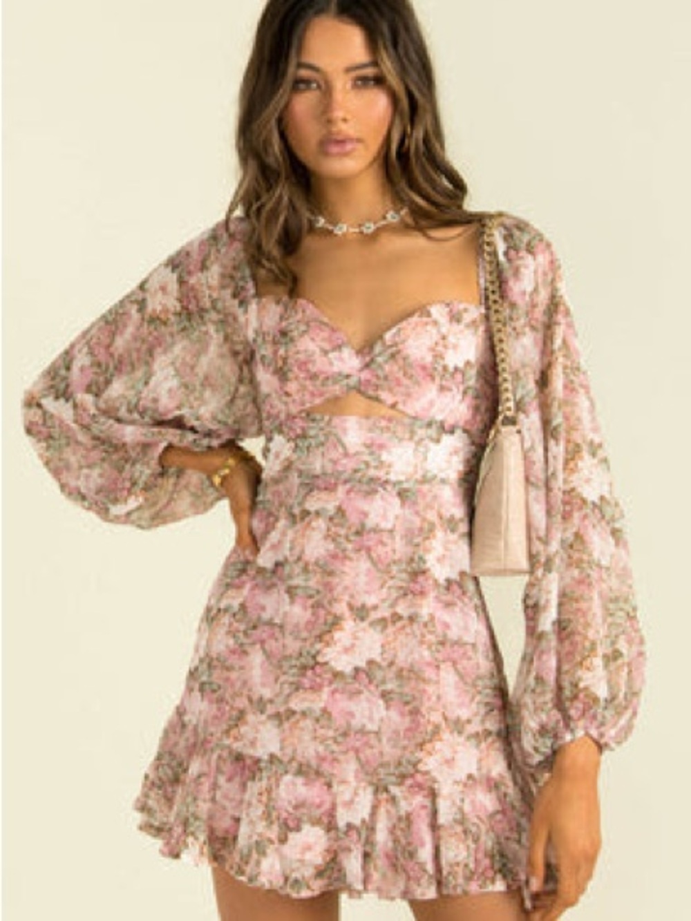 Sundae Muse Pink Floral Cutout Mini Dress with Balloon Sleeves